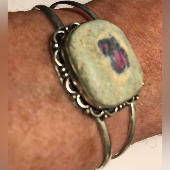925 Sterling Silver Jewelry - Ruby Fuchsite Stamped Solid 925 Sterling Silver Cuff Bracelet